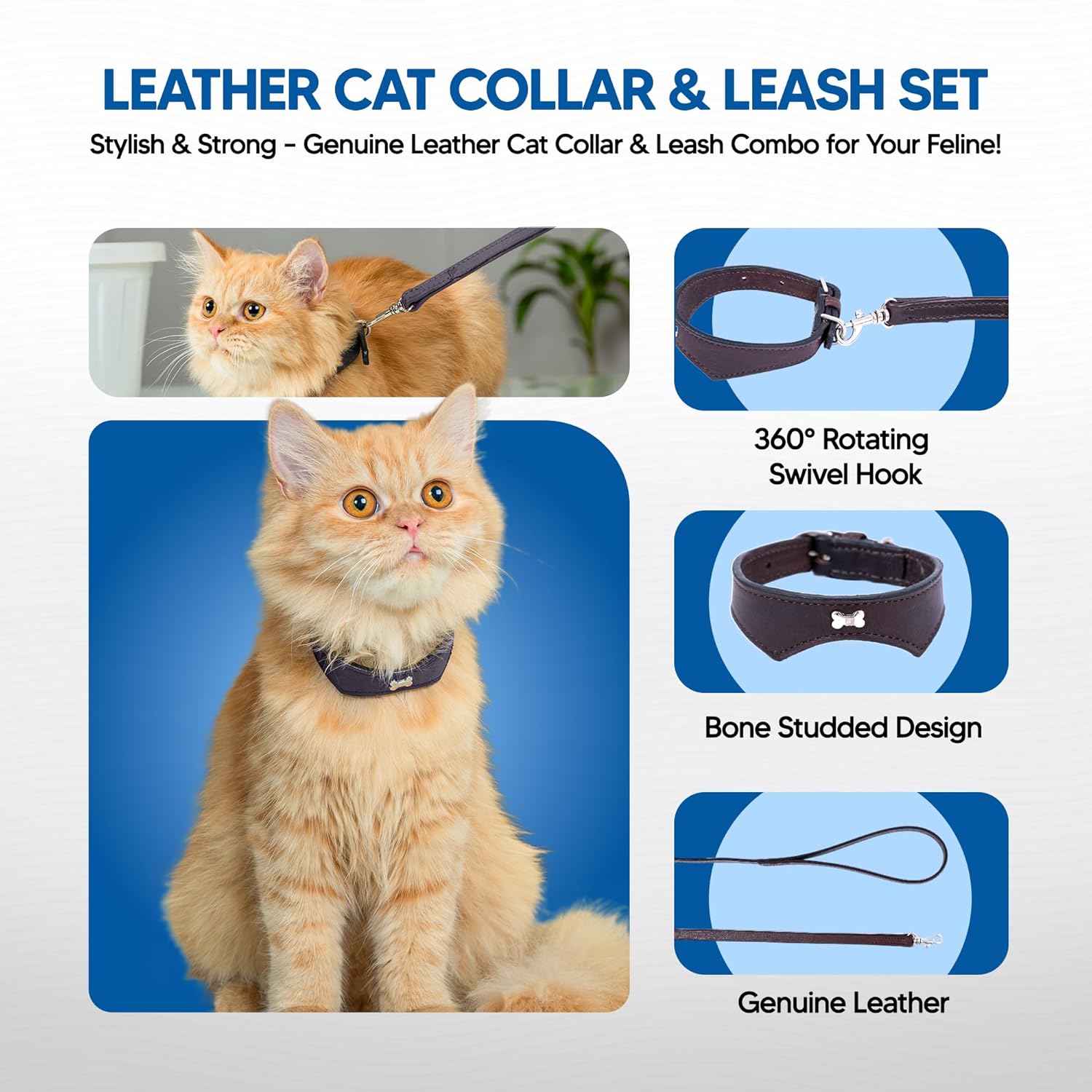 Adil’S Leather Cat Collar & Leash Set Combo - Stylish Single Bone Studded Design Collar, Genuine Leather, Adjustable Buckle & Secure 5ft Leash for Outdoor Activity (Brown)